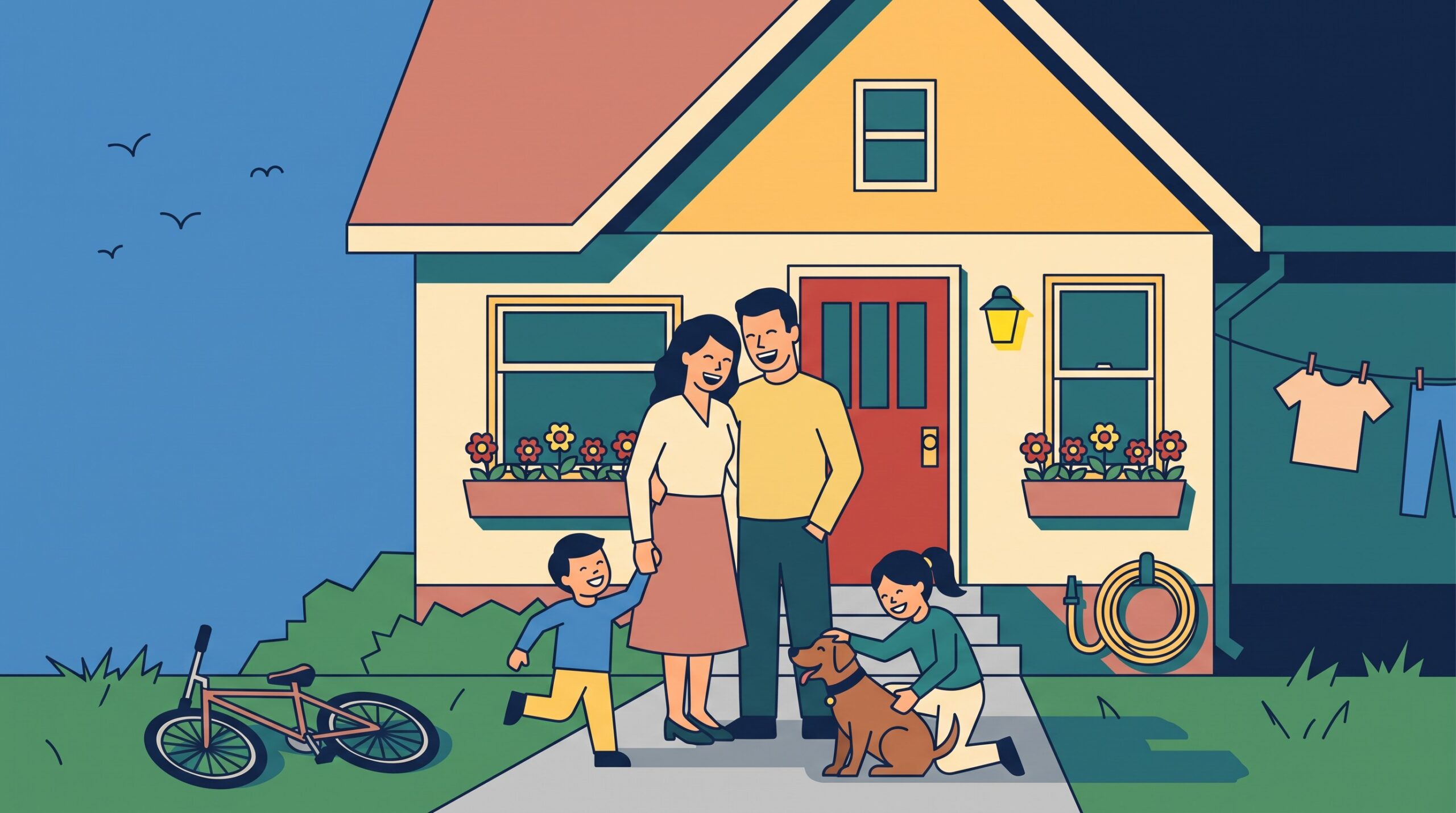 An illustrated family standing together in front of their home.