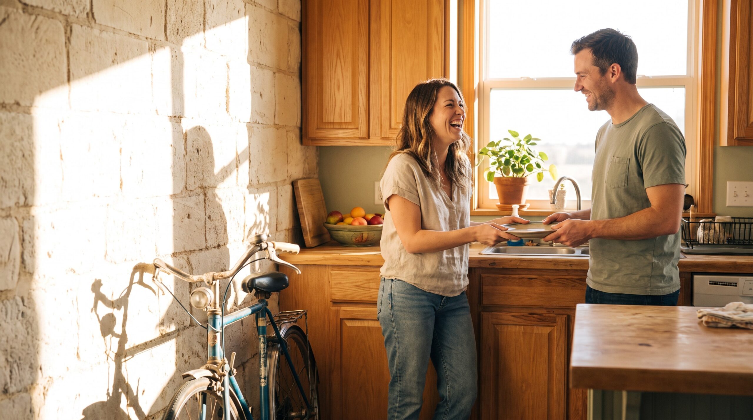 Two people laughing together in the kitchen of their home in warm morning light.