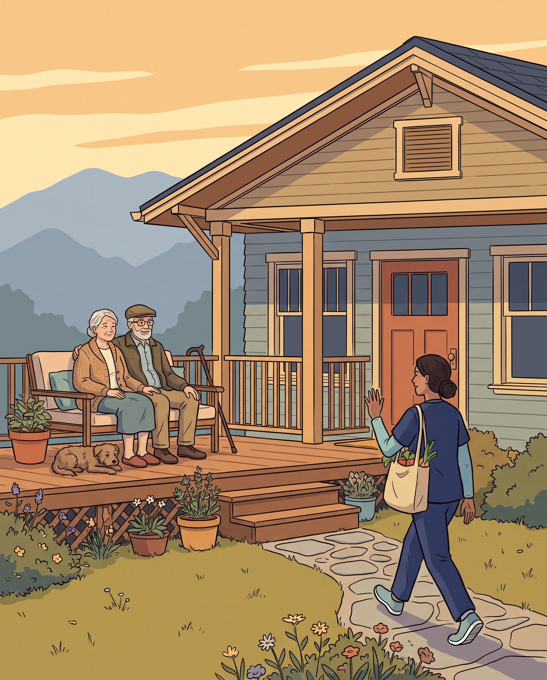 An older couple relaxing on the front porch of their home as a home care aide arrives with groceries.