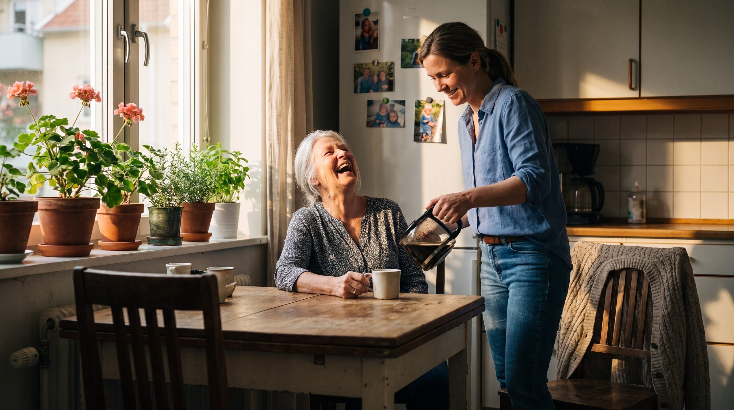 An older woman laughing with her home caregiver over coffee at her own kitchen table.